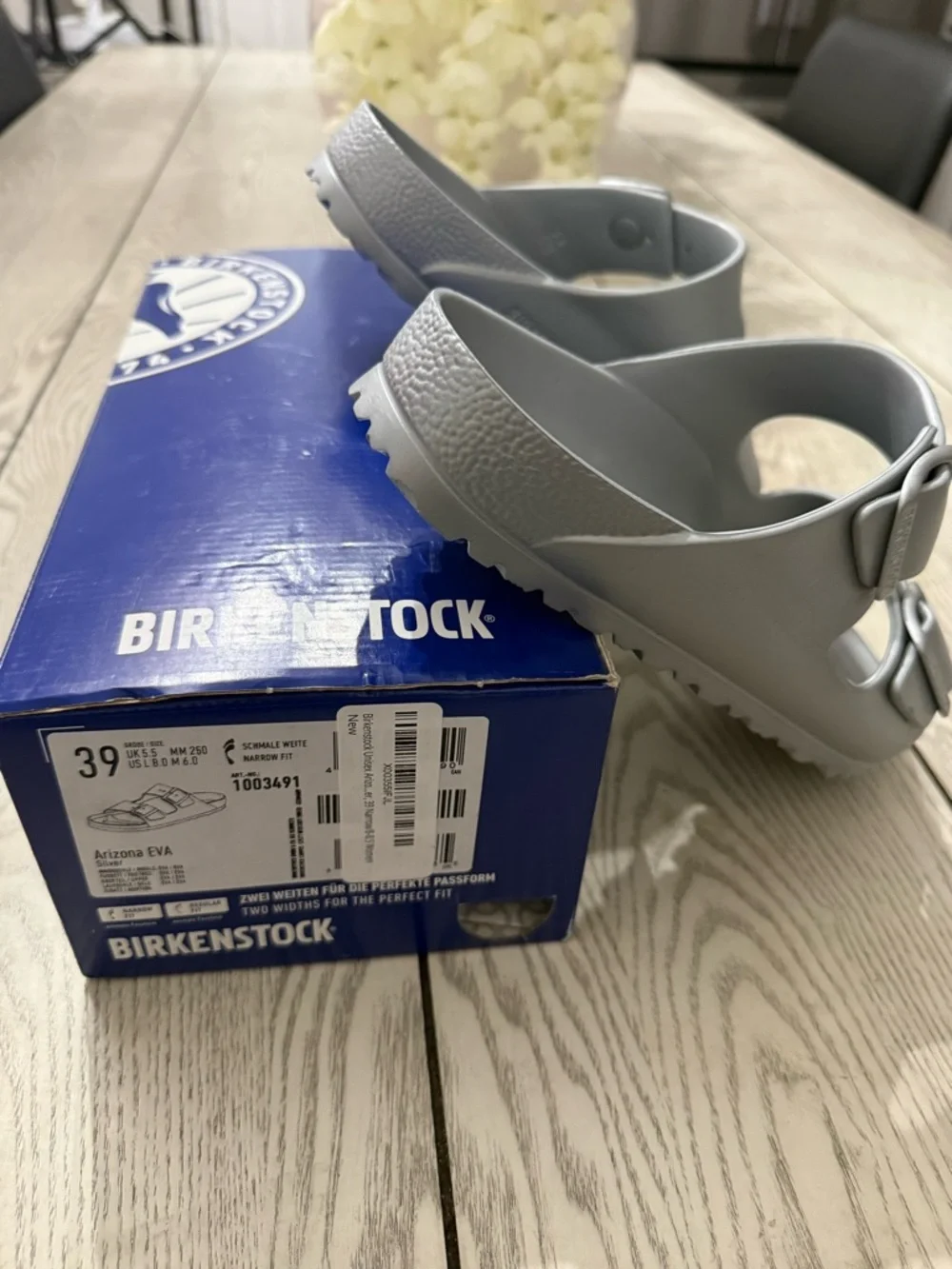 Birkenstock Arizona EVA Metallic Silver Two-Strap Sandals